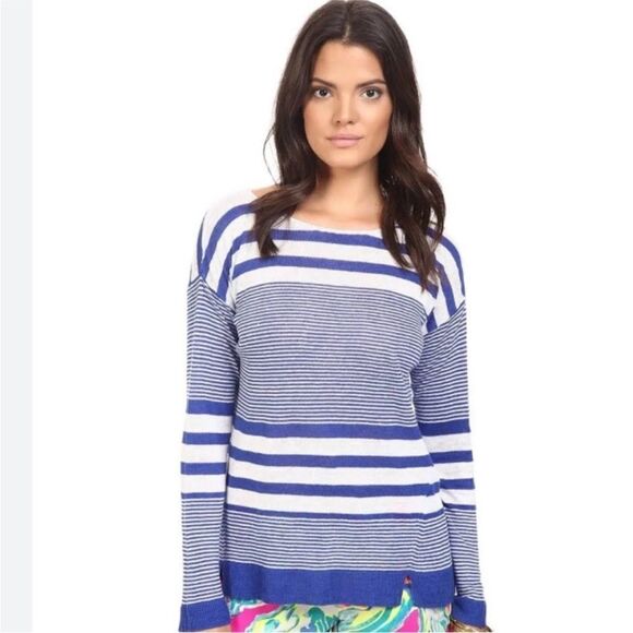 LILLY PULITZER | Camilla Linen Blue & White Striped Sweater Women’s Size Medium - Picture 2 of 13